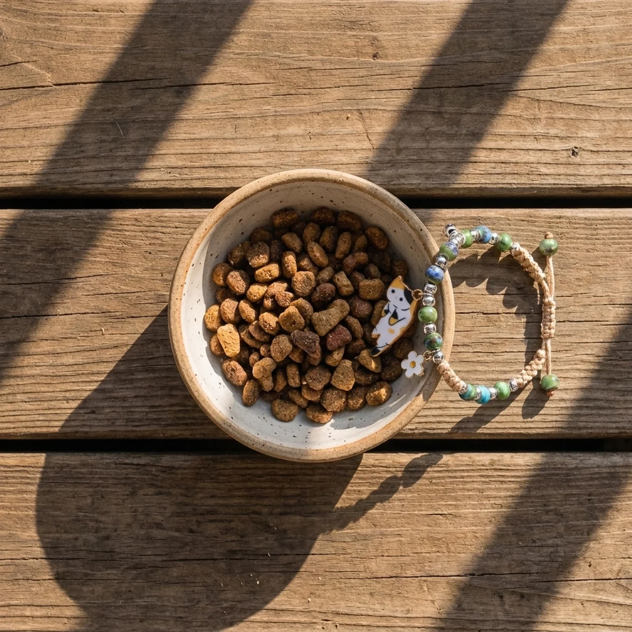 Armband van Auf Katzenspuren naast een voerbakje