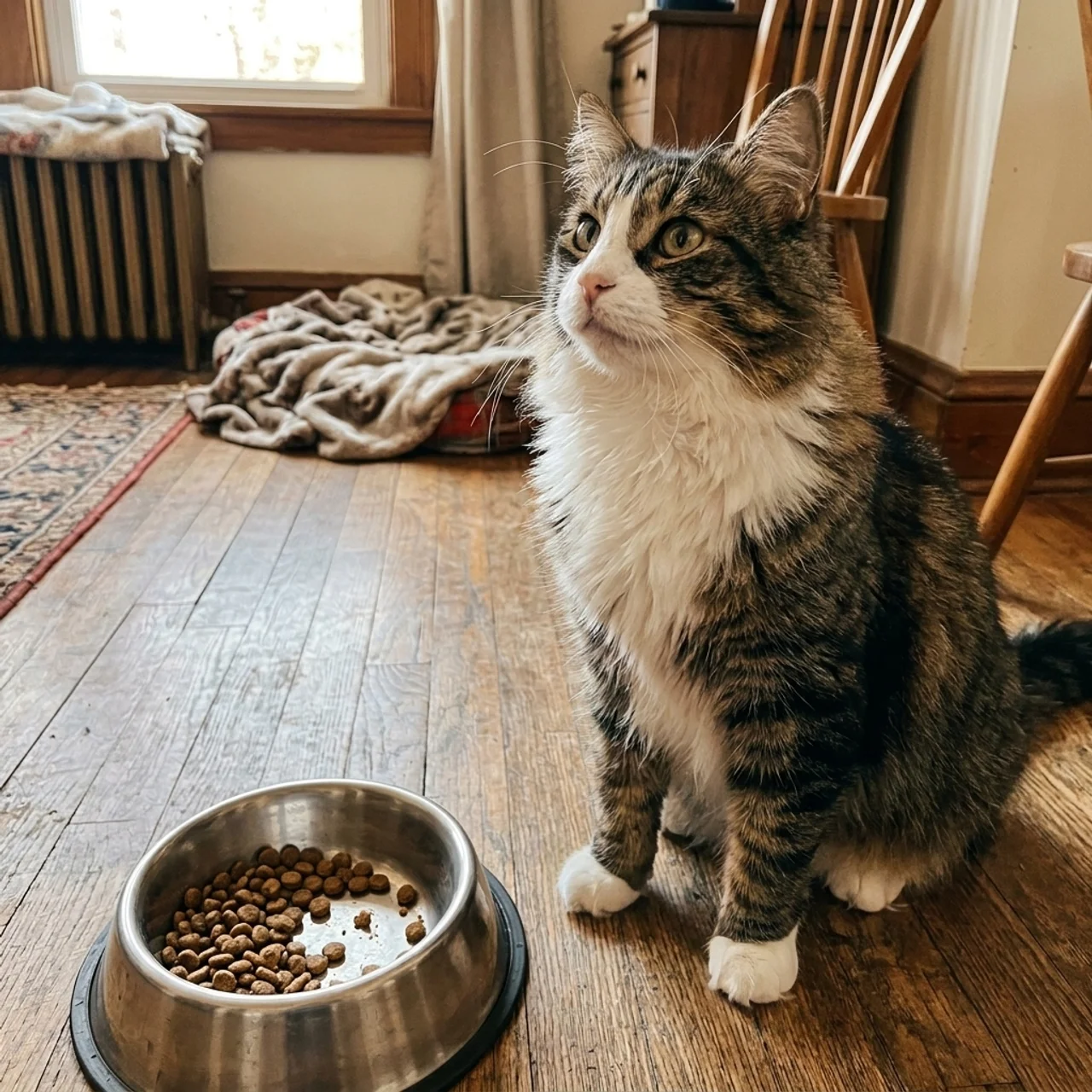 Kat bij een voerbakje